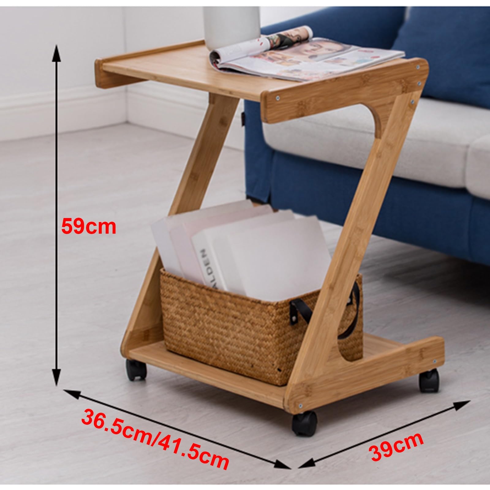 Amazon｜回転キャスター付きサイドテーブル、Z字型竹ベッドサイド