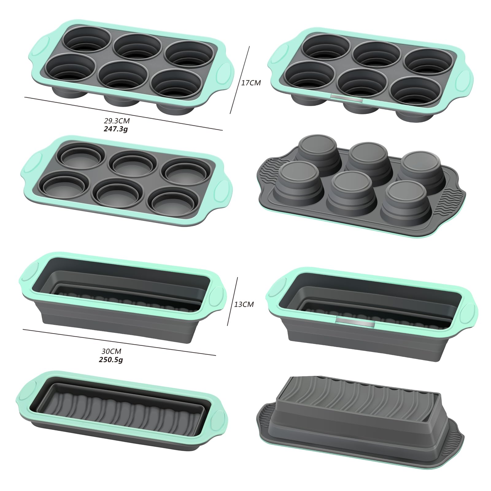 Slicone - Juego de 4 moldes antiadherentes para hornear con molde para tartas, brownies, molde para pan, molde para magdalenas, moldes de silicona con marco reforzado de metal más resistencia