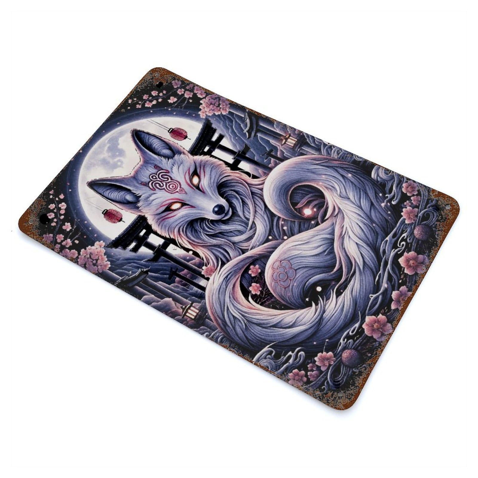 Rust Effect Kitsune Spirit Wolf Rusty Metal Tin Sign 11.8"x7.9", Old School Wall Decor for Cafe, Home Bar And Lounge Decor
