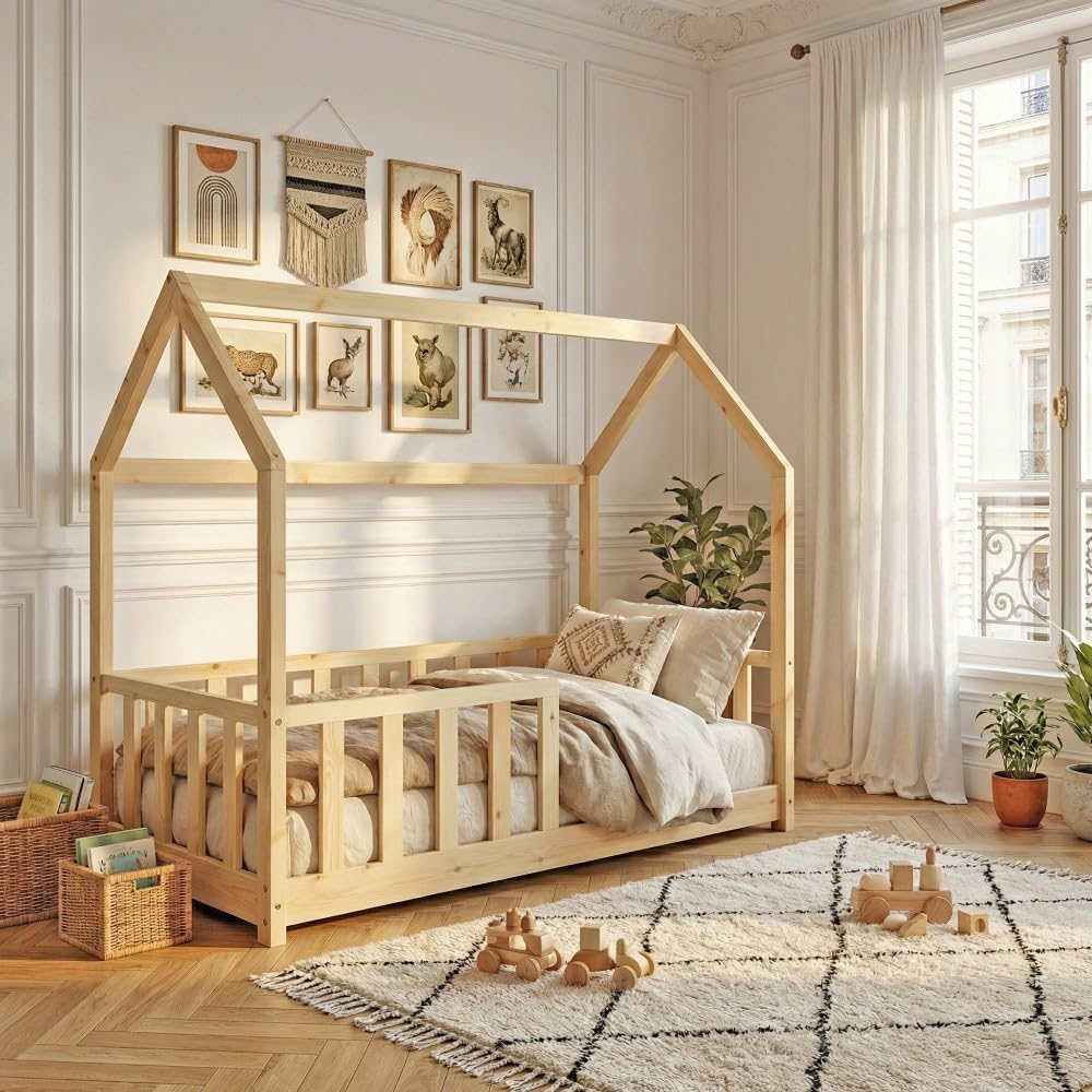 WEBER INDUSTRIES Lit cabane Kiwi 70x140 + 1 sommier + barrière/​Naturel