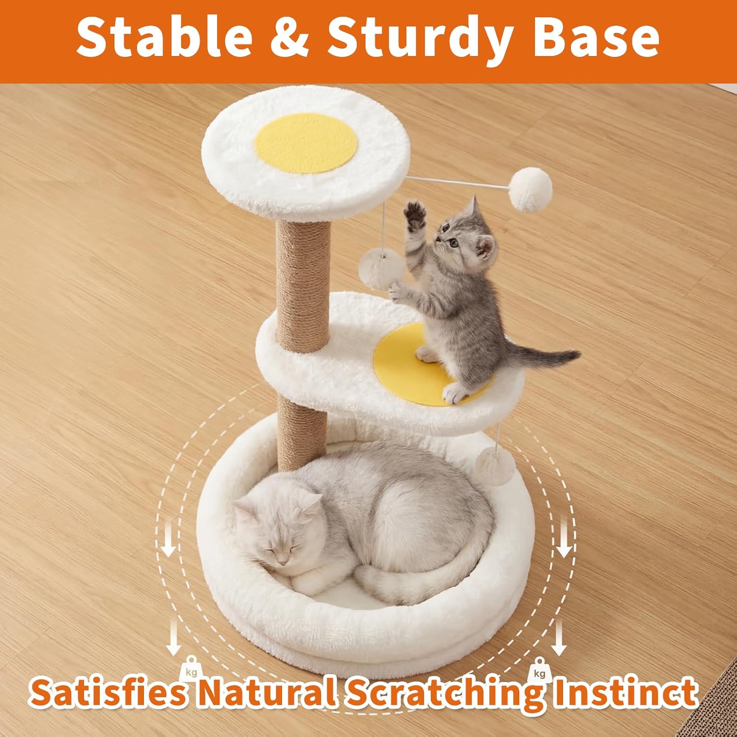 Cat Tree for Indoor Cats, 20.47" H, Easy to Assemble Kitten Scratching Post with Stable Base, Cozy Bed, Sisal Cat Tower with Hanging Ball Toys for Kittens and Small Cats