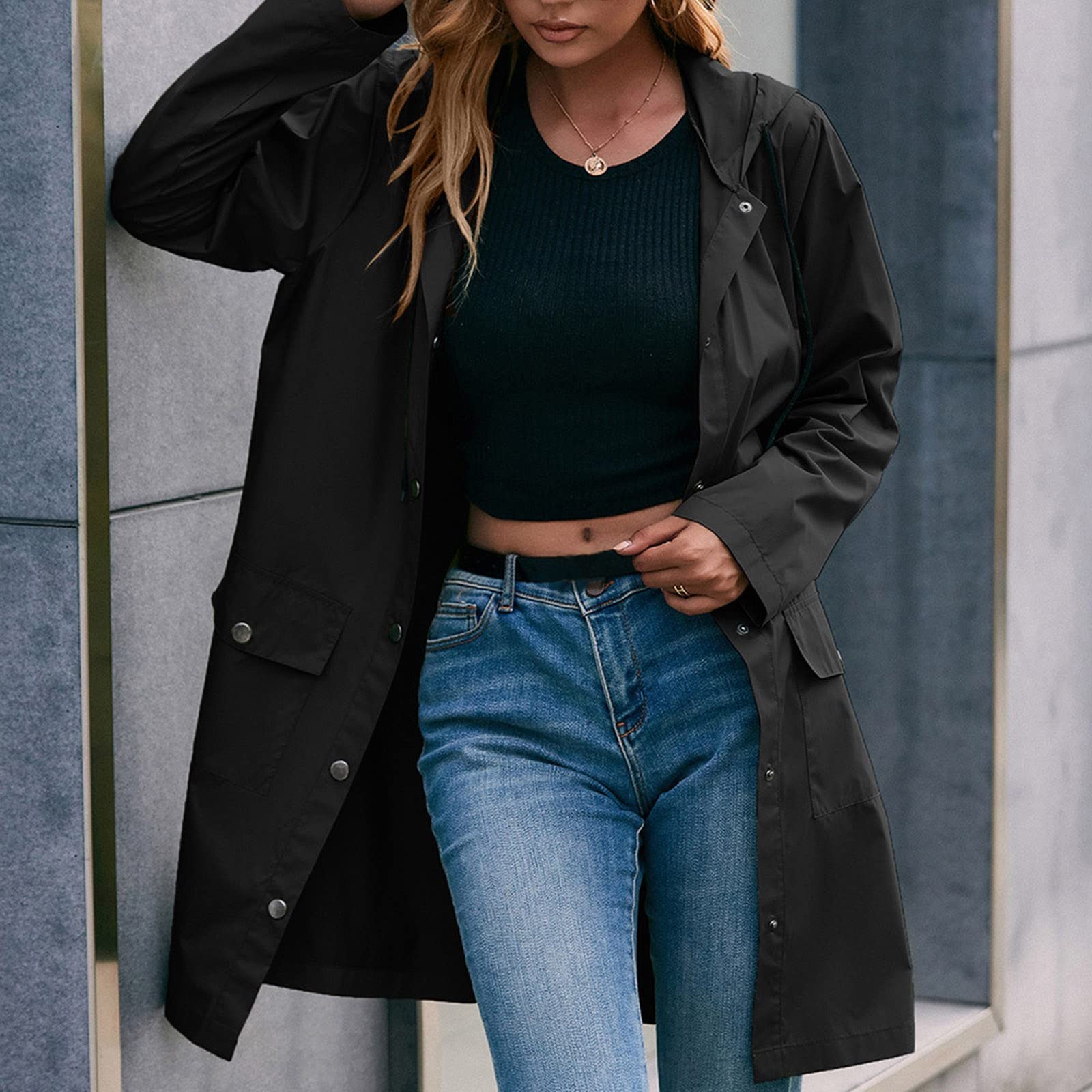 Genérico Poncho Impermeable Mujer - Chubasquero largo femenino impermeable ligero con capucha ajustable elástica y cordón en cintura incluye bolsillos laterales para mujer