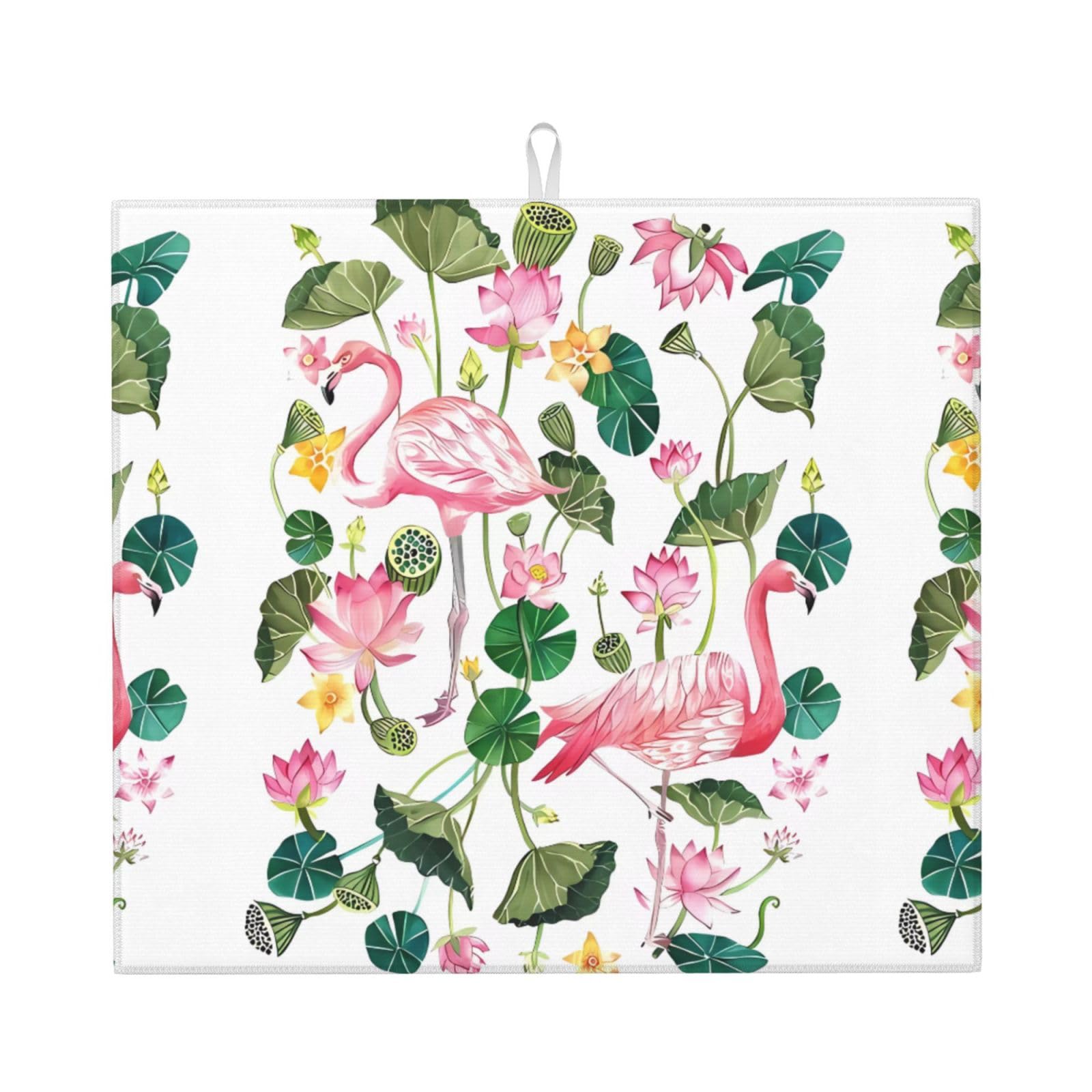 WHJSHOP Flamingo Bird Round Leaves Prints Kitchen Drying Mat - Absorbent Dish Drying Throw with Vibrant Prints, Quick-Dry Countertop Layer for Dishes & Glassware - Non-Slip