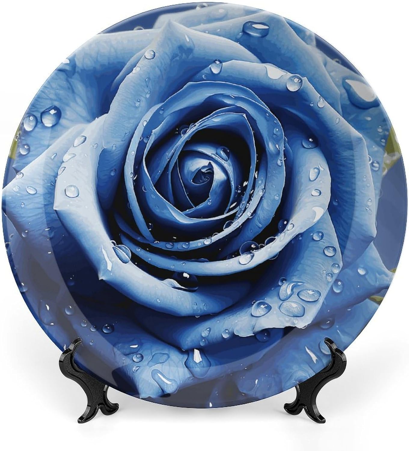 Beautiful Blue Rose Illustration Decorative Plates for Display Round Porcelain Plate Living Room Table Ceramic Hanging Decorative Plate Art Decor for Living Room Table with 1 Display Stand 8in