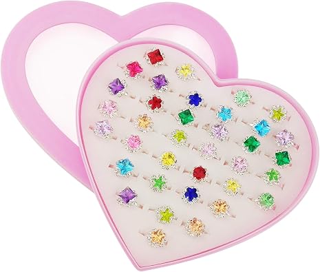 36pcs Little Girl Adjustable Rhinestone Gem Rings Set with Heart Shape Display Case, Jewelry Rings for Kids Pretend Play and Dress Up