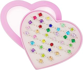 SUNMALL 36 pcs Little Girl Adjustable Rhinestone Gem Rings in Box, Children Kids Jewelry Rings Set with Heart Shape Display Case, Girl Pretend Play and Dress up Rings for Kids