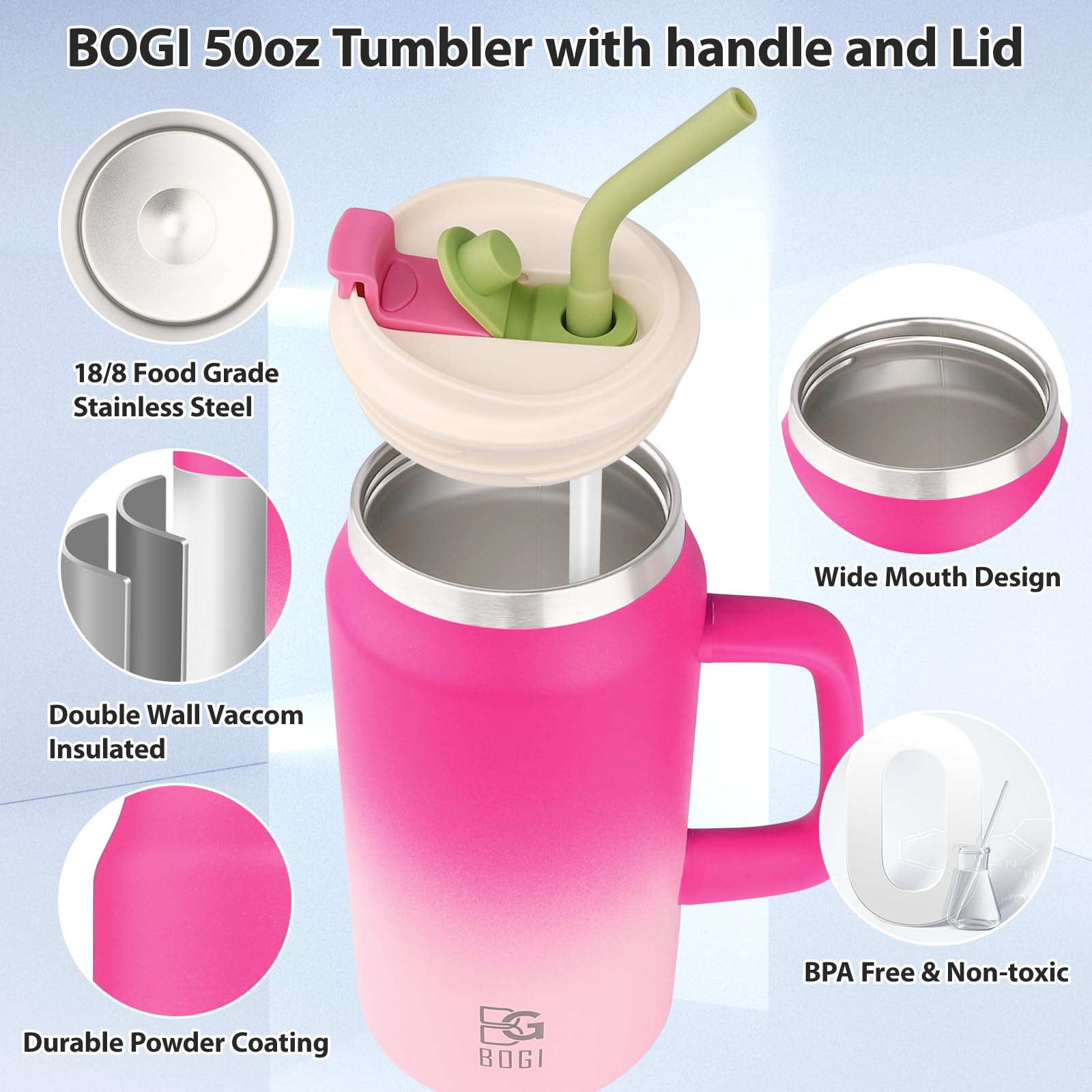 BOGI 50oz Tumbler with Straw and Lid,Large Capacity Travel Mug with Handle Insulated Stainless Steel Water Bottle Cup Keep Cold and Hot for Tea Coffee Leak-Proof - Image 4