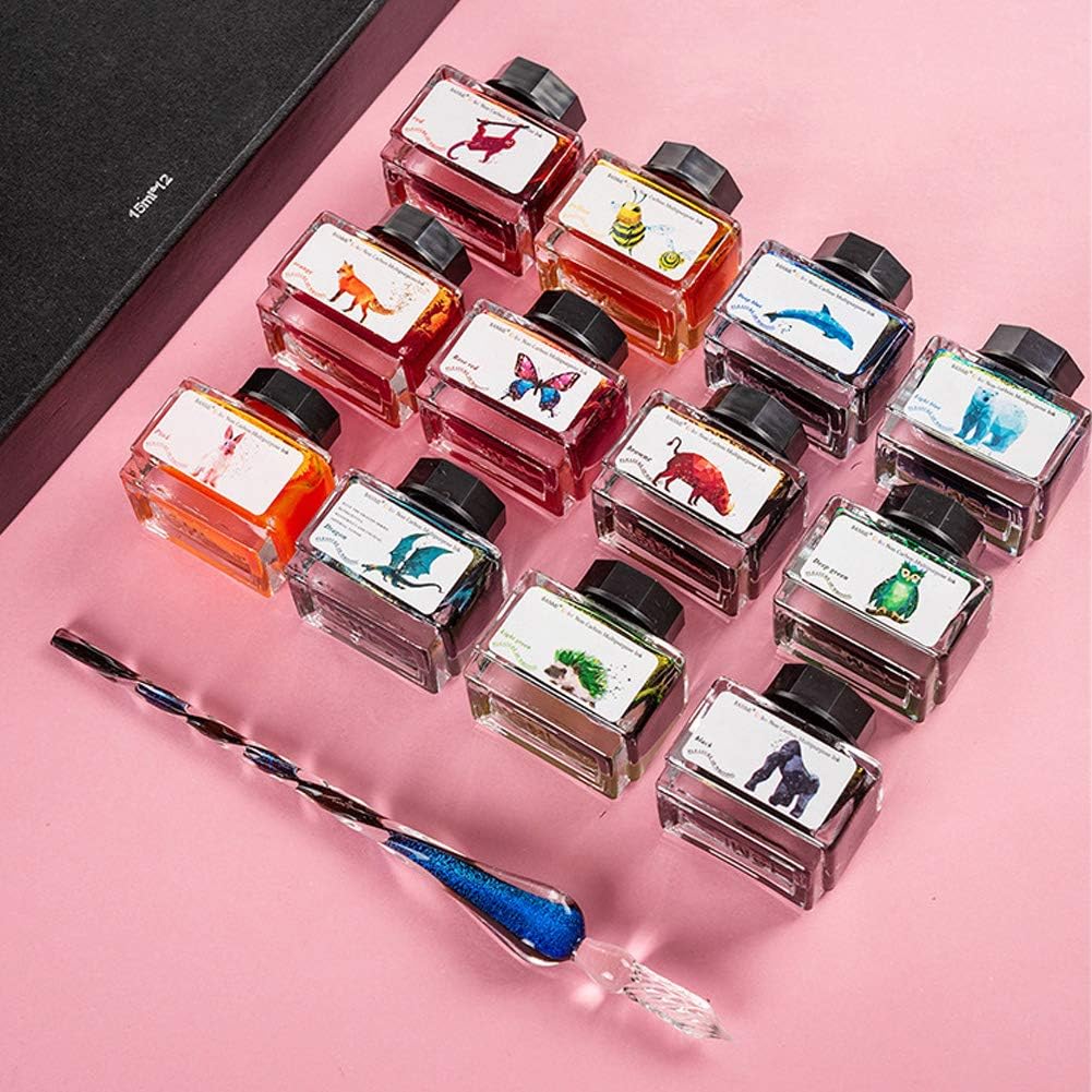 ZZKOKO Calligraphy Set India Ink, 12 Colors Shimmer Dip Pen Ink Set, Art Writing Drawing Ink Bottles, 6.0 oz, Set of 12, Gift Box (Animal Series) : Arts, Crafts & Sewing