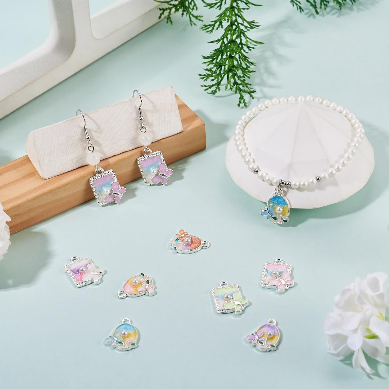Craftdady 32Pcs Oval Rectangle with Butterfly Charm Animal Floral Vintage Charms with Imitation Pearl Enamel Oil Painting Pendants for Bracelets Making Necklaces Keychains Crafts Bulk image 3