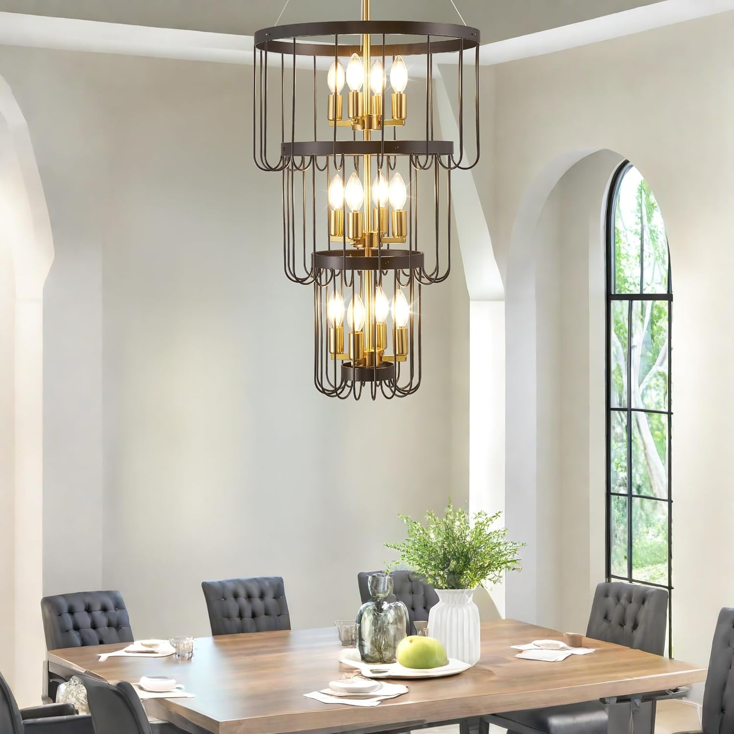 WJShome Classic Yet Modern 18 Inch Black and Gold Chandelier - 12 Light Lantern Tiered Pendant Light Fixtures, Stylish Modern Foyer Lighting Fixtures Perfect Fit for High Ceilings & Staircase!