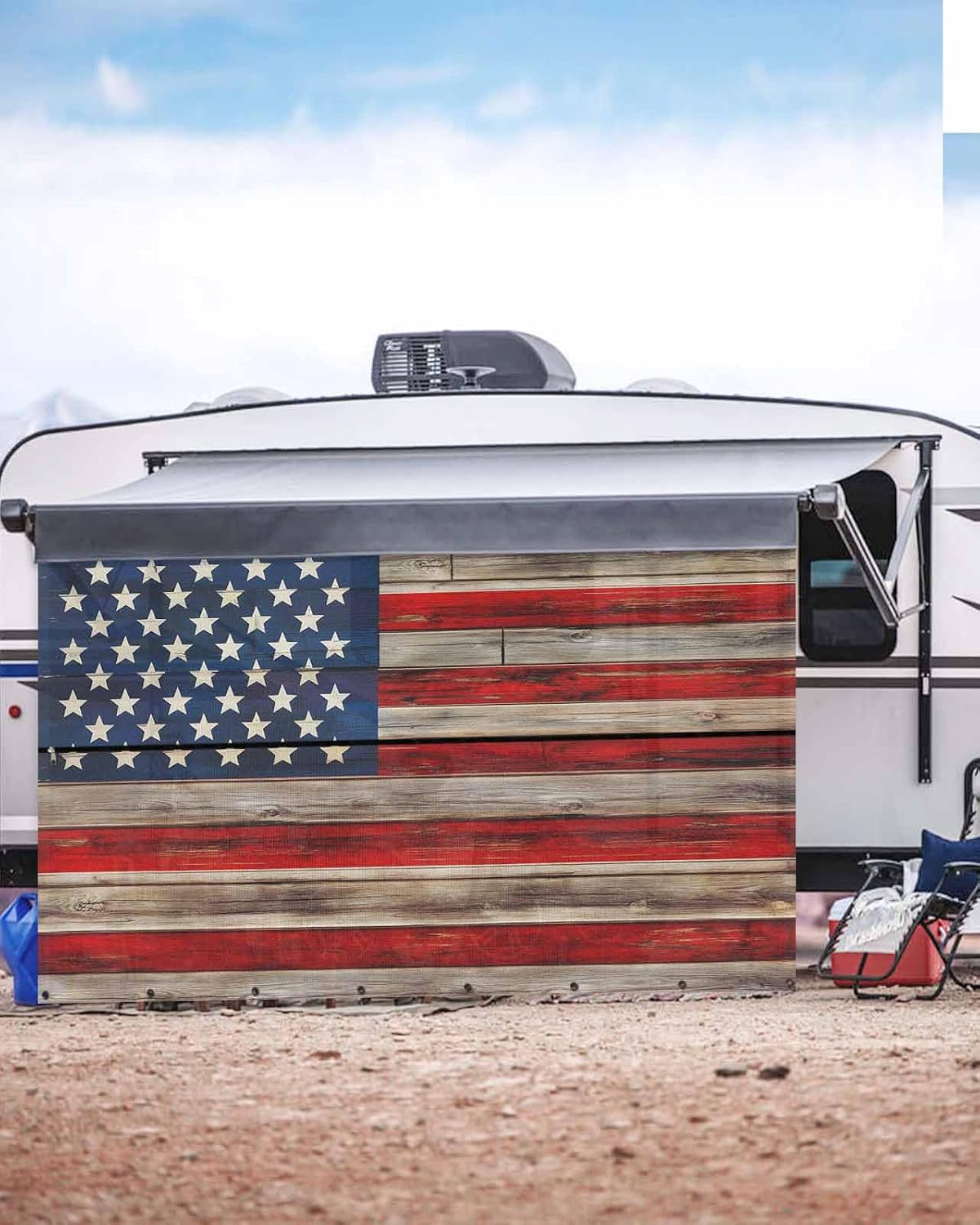 American Flag RV Awning Sun Shade Screen 9' x 15'3", Red Striped Blue Star Mesh RV Awning Shades Complete Kits, Vintage Wooden Sunlight Blocker Outdoor Canopy for Camping Trailer Motorhome