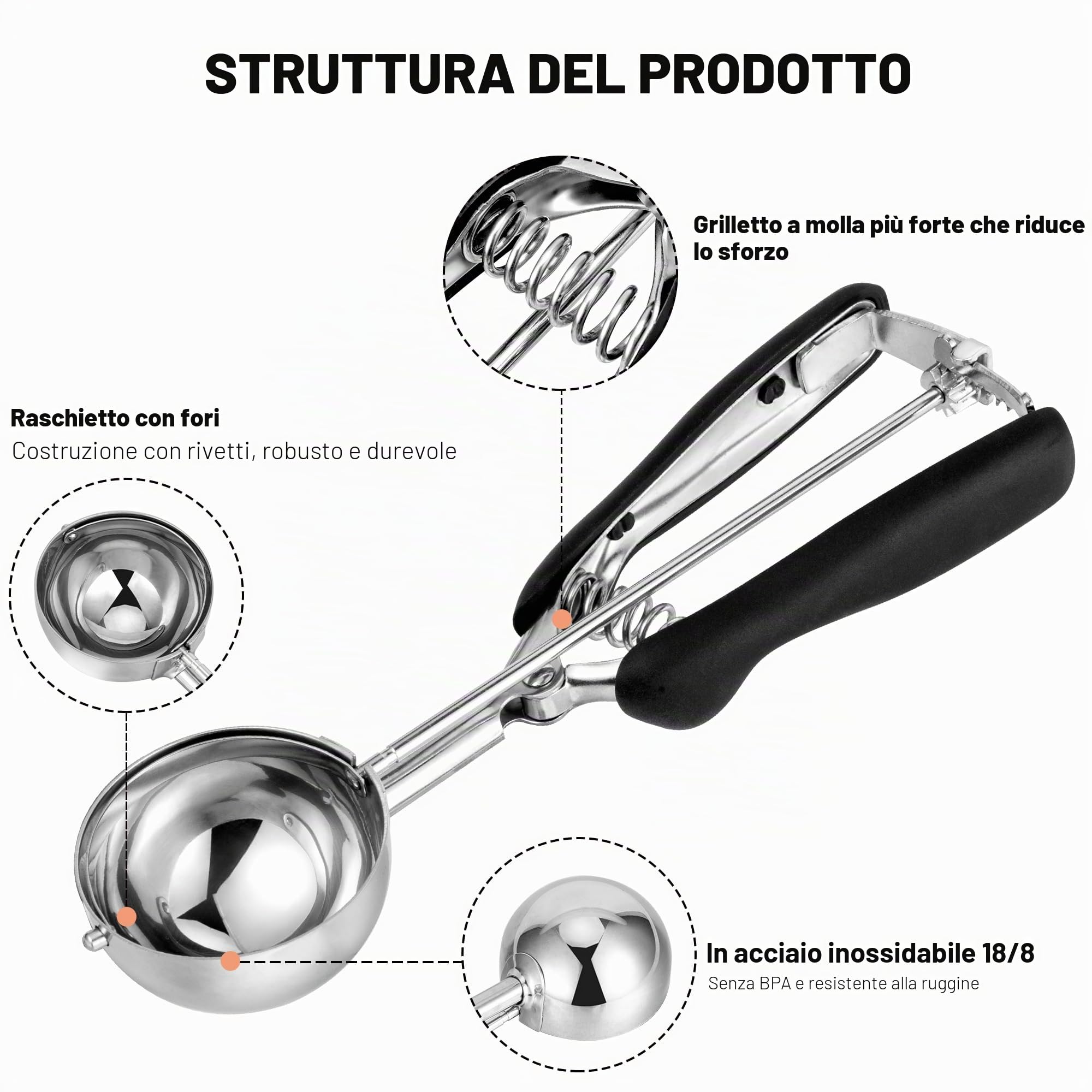 Porzionatore Per Gelato 60mm, Paletta In Acciaio Inox Con Grilletto, Cucchiaio Gelato