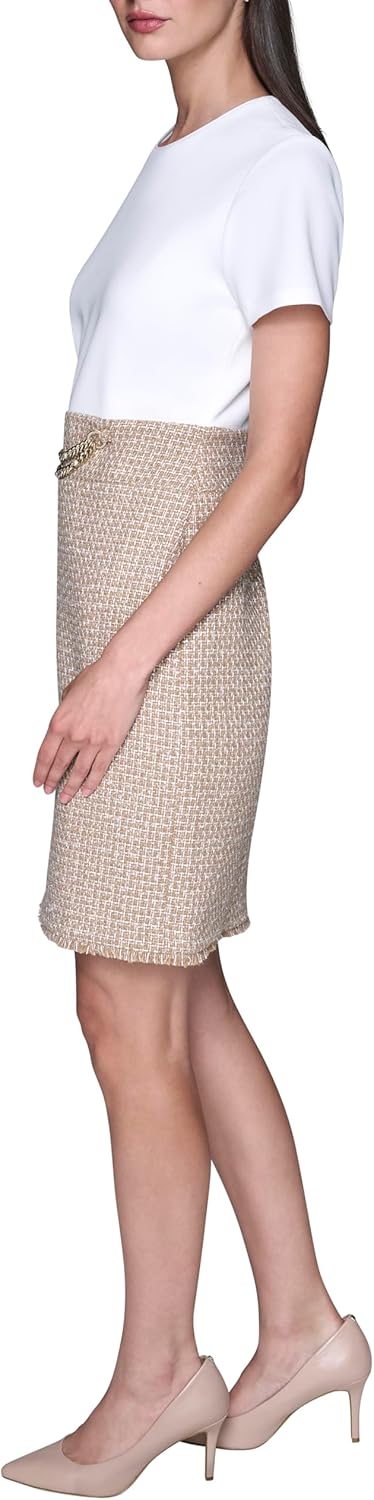 Karl Lagerfeld Women's Short Sleeve Tonal Tweed Skirt Chain Trim Belt Scuba Crepe A-line Dress - Image 4