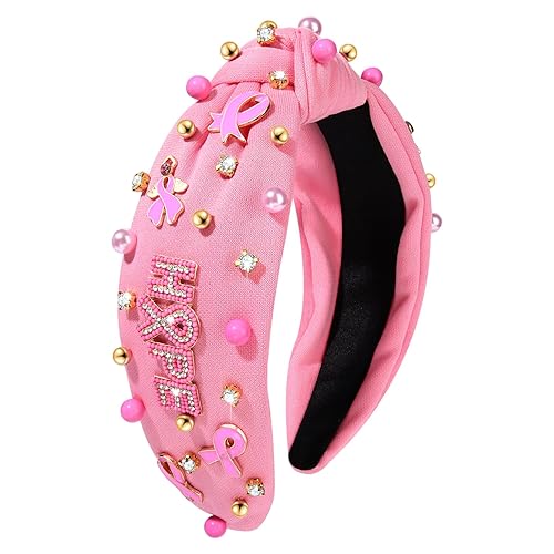 Diadema rosa con lazo de esperanza de cristal y perla, diadema anudada para concientización sobre el cáncer de mama, accesorios para el cabello para