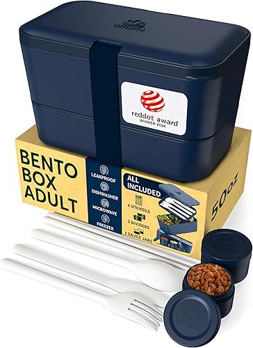 Miniatura 15 de Umami Bento Box - Caja todo en 1 para adultos con 4 utensilios, tarro de salsa grande, 2 divisores, 100% a prueba de fugas, apta para microondas y