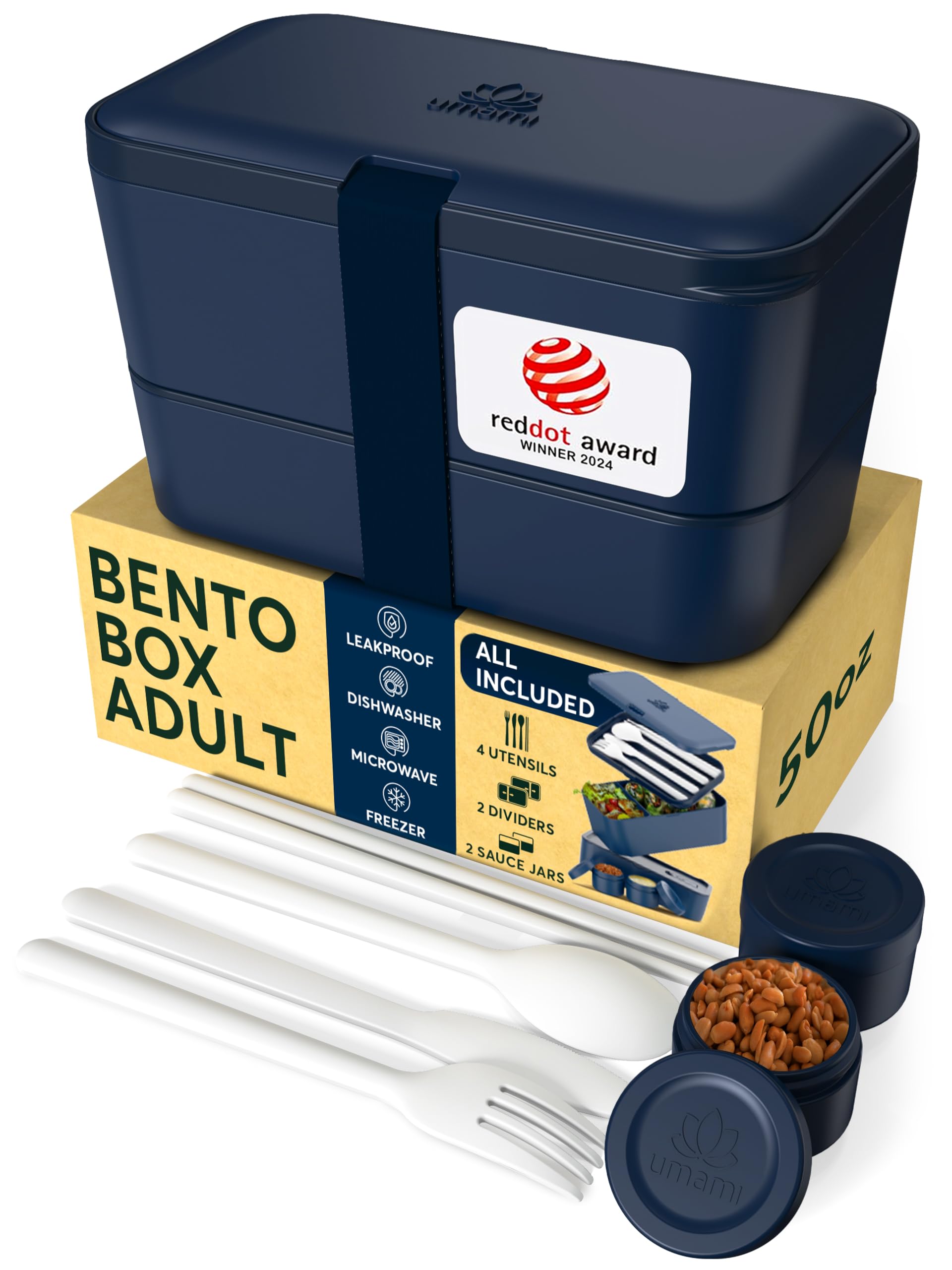 Umami Lunch Box Containers w/ 4 Utensils, 2 Sauce Jars, Nestable Space-Saving Bento Box Adult, 100% Leakproof, Microwavable Lunch Containers for Adults, Red Dot Design Award Winner