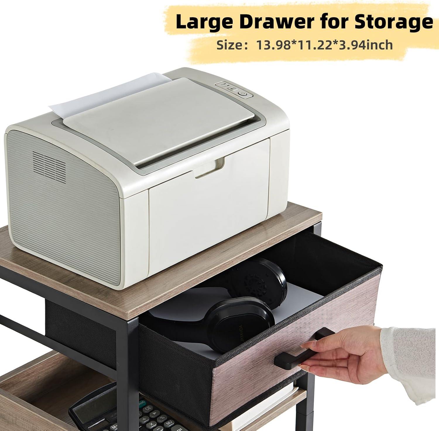 Lerliuo Grey Printer Stand with Fabric Drawer, 3 Tier Industrial Side Table, Modern Small Printer Desk Holder with Storage Shelf,Multi-Functional Bedside Tables for Home Office Fax Machine Scanner