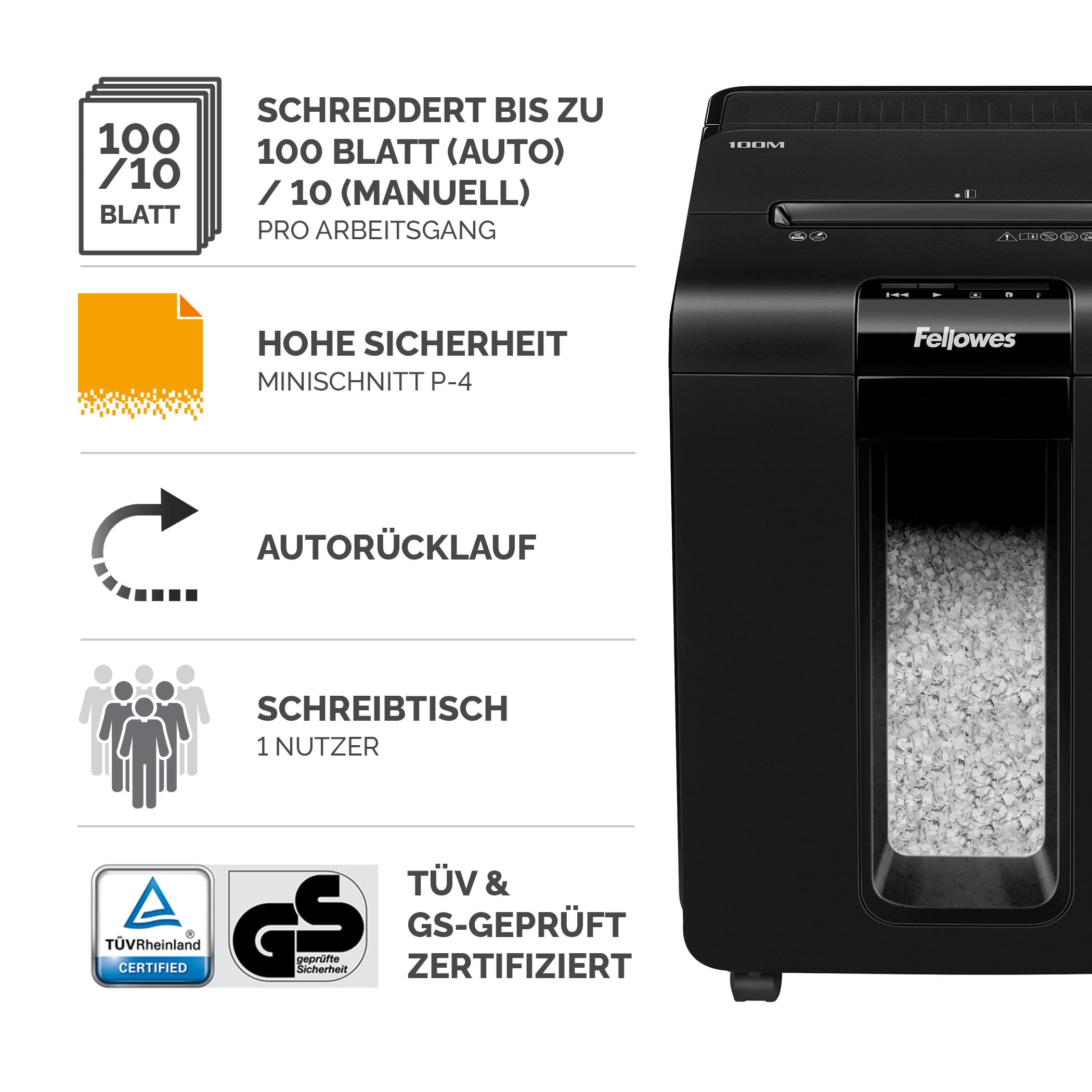 Fellowes Aktenvernichter Autofeed, 100 Blatt Minicut (P4), Papierschredder Hybrid mit automatischem und manuellem Einzug für Büro, AutoMax 100M Schredder, sehr leiser Aktenvernichter, 23L Papierkorb