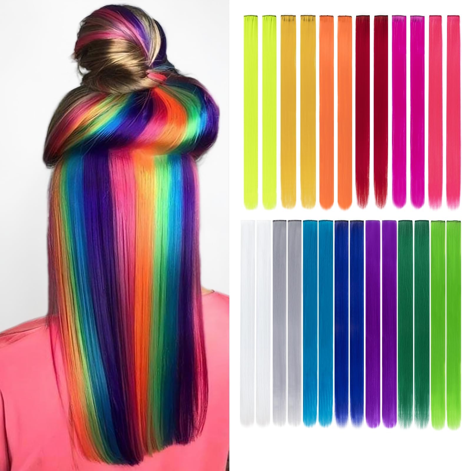 HH FASHION 26 Pack Colored Party Highlights Clip in Hair Extensions for Girls 20 inches Multi-colors Straight Hair Synthetic Hairpieces In The Party(13colored)