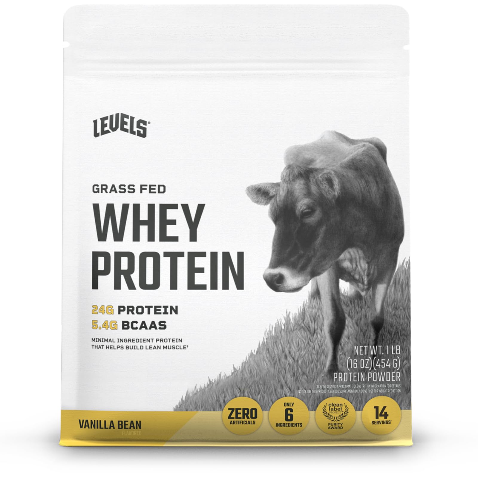 Levels Nutrition Grass Fed 100% Whey Protein, No Hormones, Vanilla Bean, 1LB