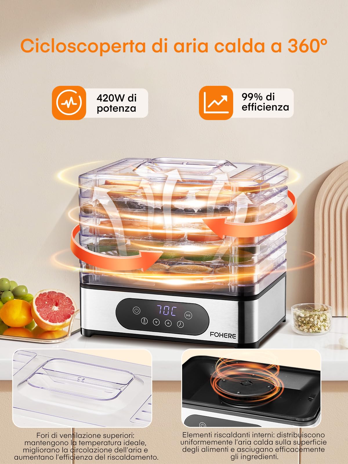 FOHERE Essiccatore Alimentare, 420 W, Essiccatori per Alimenti con 5 livelli, Temperatura 35°C/70°C, impostazione manuale di tempo e temperatura, Essiccatore per Frutta, Verdura, Carne, Senza BPA.