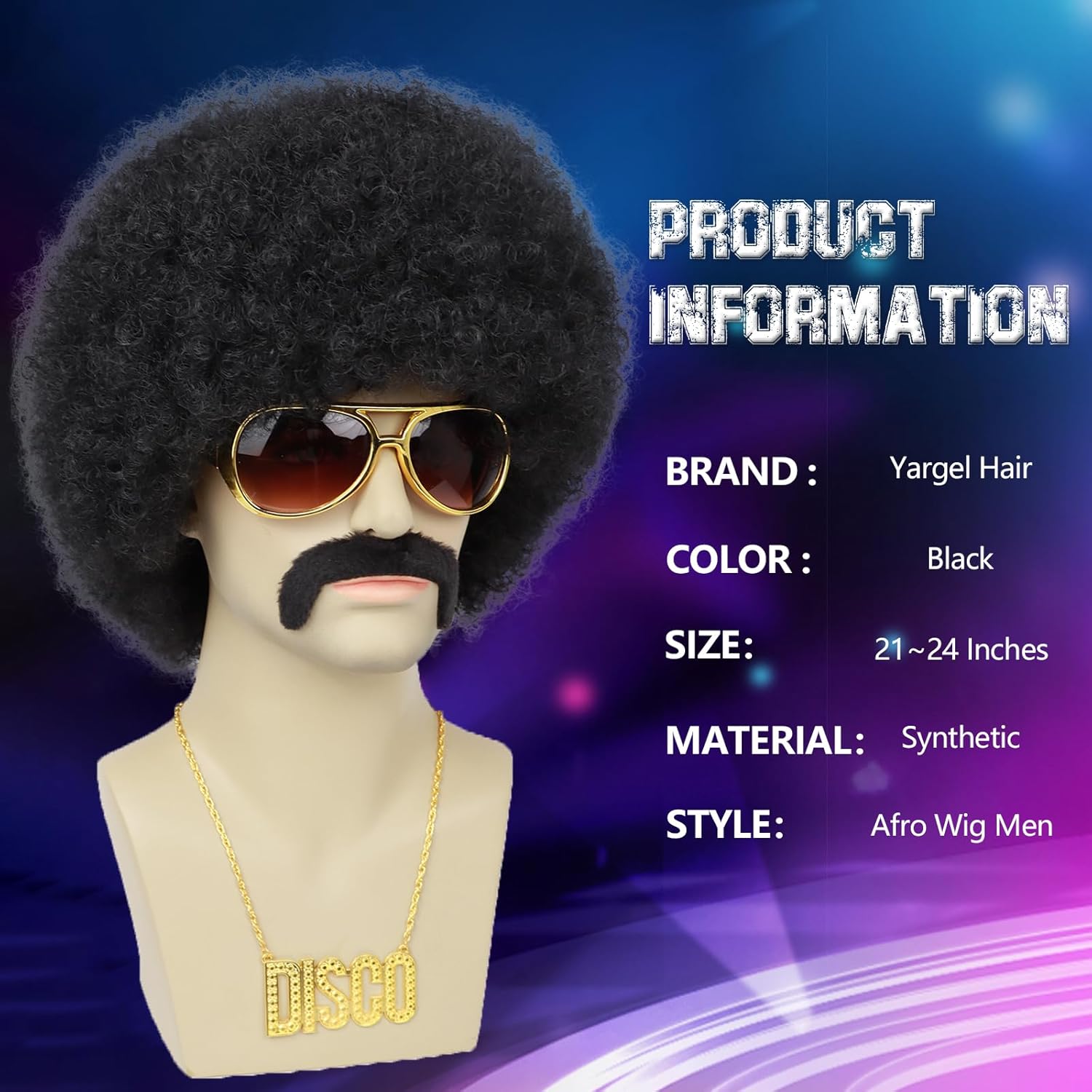 Mens Afro Wigs for 70s Rocker Disco Party 5pcs Set (Wig+ Glasses+ Disco Necklace+ Mustache+ Wig Cap) Afro Puff Wigs for 70s 80s Halloween Costume Cosplay Party Use (Black) - Image 4