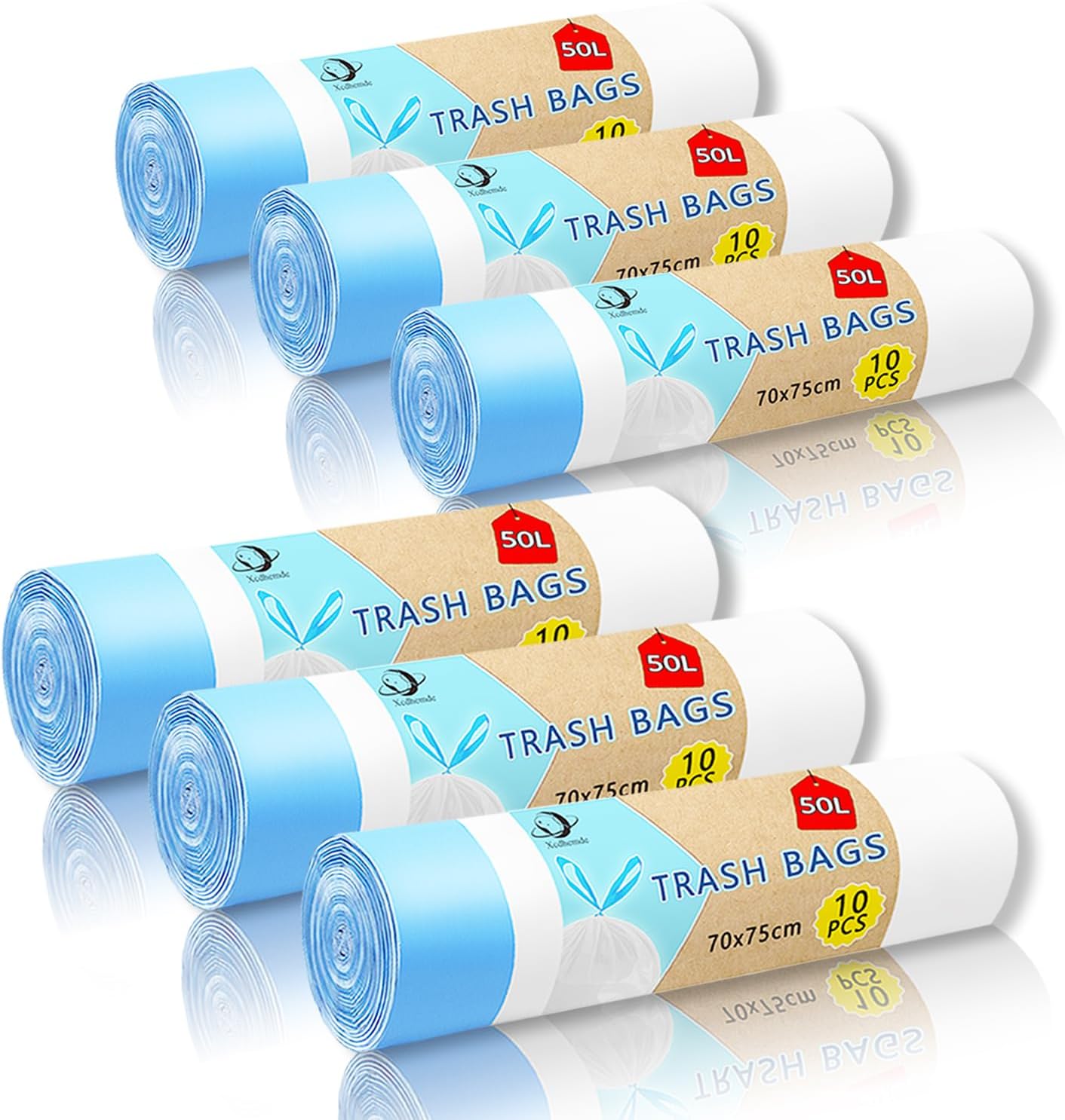 60 sacchetti per rifiuti da 50 litri, L x A: 70 x 75 cm, bianchi, sacchi per spazzatura in polietilene, adatti per la maggior parte dei formati medi da 50 cm (6 rotoli, 10 per rotolo)