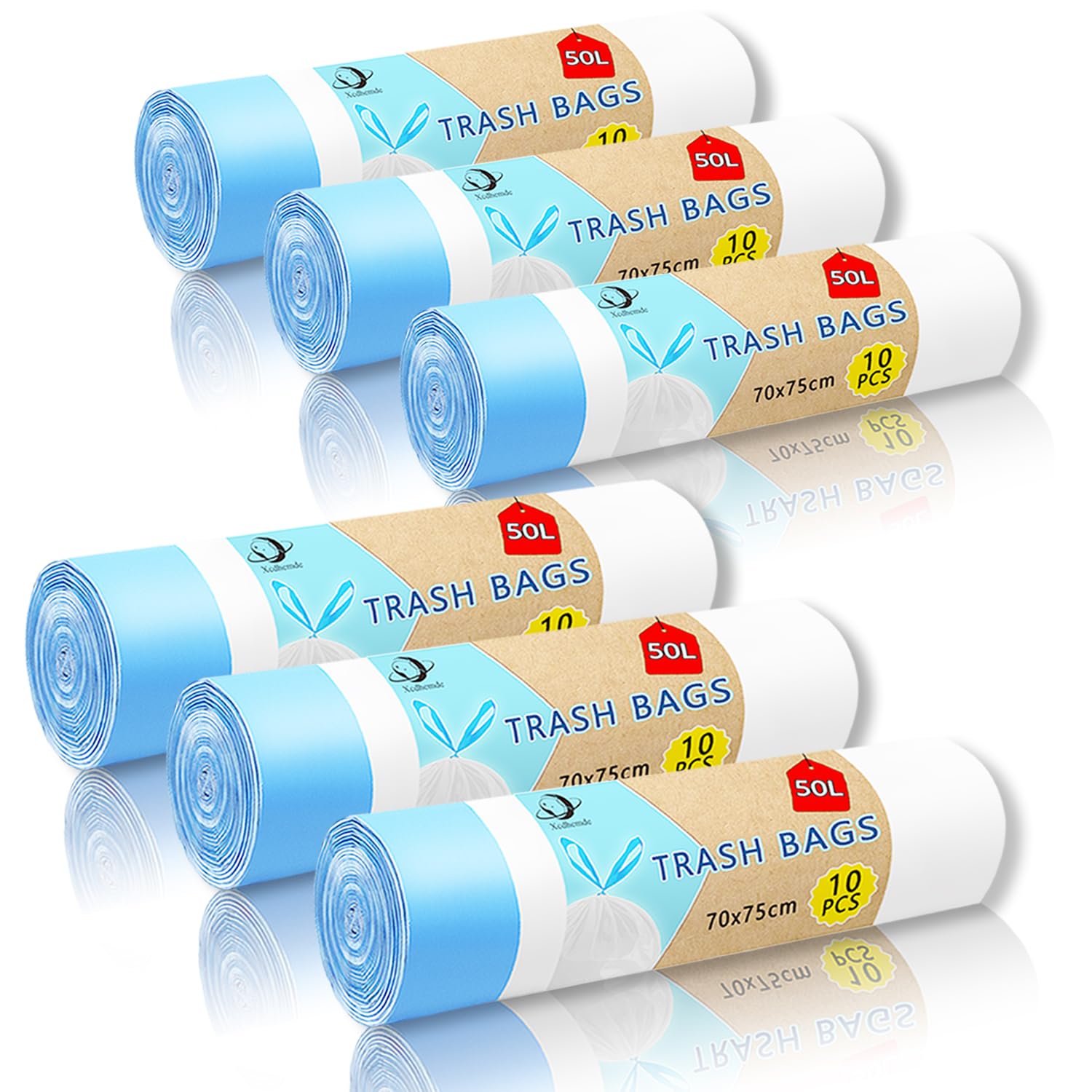 60PCS Sacchi Spazzatura 50L, LxH: 70x75cm, Bianco, Polietilene-Sacchetto Della Spazzatura, UE Adatto per la Maggior Parte dei Medi ''50L'' Pattumiera(6 Rotoli, 10 per Rotolo)