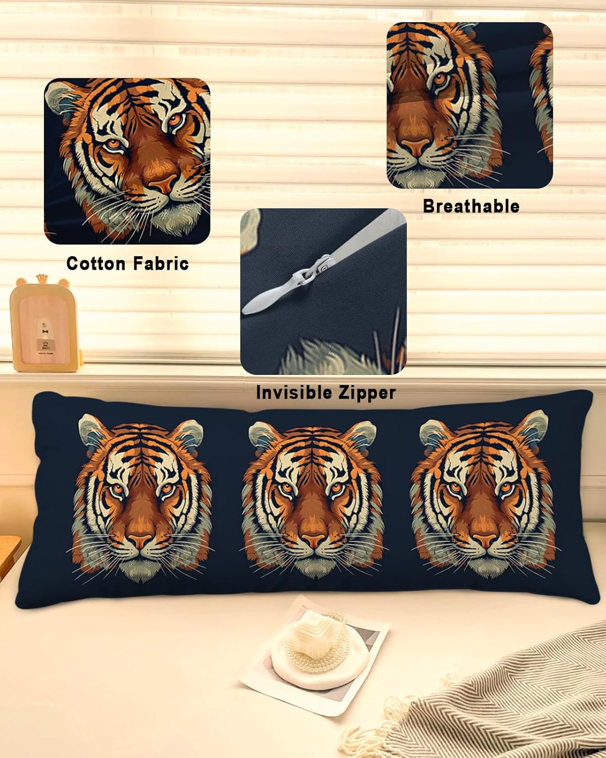 Pillow Covers 20x54 Inch - Body Cool Tiger Eyes and Ears Wild Life Soft Brushed Microfiber Pillowcases with Hidden Zipper Closure Bed Pillow Shams for Bedroom Sofa Car