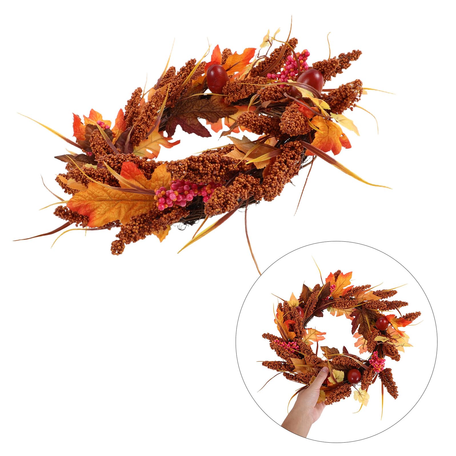 Cabilock Künstlicher Herbstlaubkranz mit Eicheln Ahornblättern und Beeren Stabiles Drahtgestell Pflegeleichte Erntedank-Dekoration für Haustür Wand und Fenster im Herbst