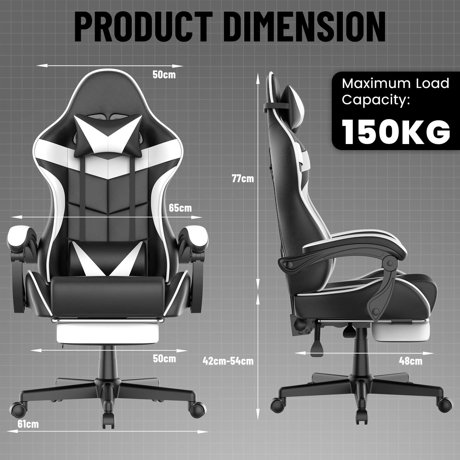 Huracan Chaise Gaming Ergonomique avec Fonction Massage, Chaise Gamer en PU Respirant, Réglable en Hauteur Siege Gaming, Accoudoirs et Repose-Pieds, Fauteuil Gamer pour Adolescents et Adultes, Blanc