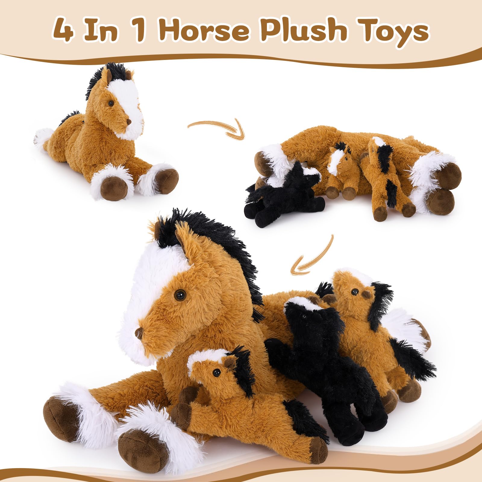 MorisMos Dunkel Braun Pferd Kuscheltier groß XXL mit 3 Baby im Bauch, 54cm lang groß Plüschpferd Stofftier Plüschtier, Horse Pony Geburtstag Weihnachten Geschenk Kinder