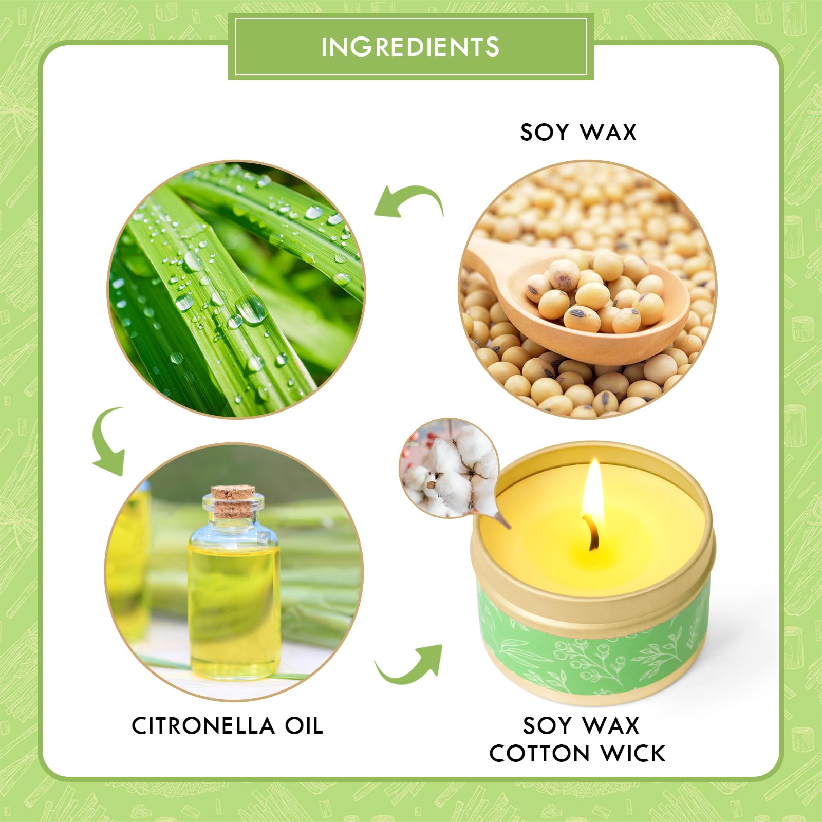 Velas de Citronela para Exterior, Citronela Cera de Soja 60-90 Horas para Interior, 6 Velas