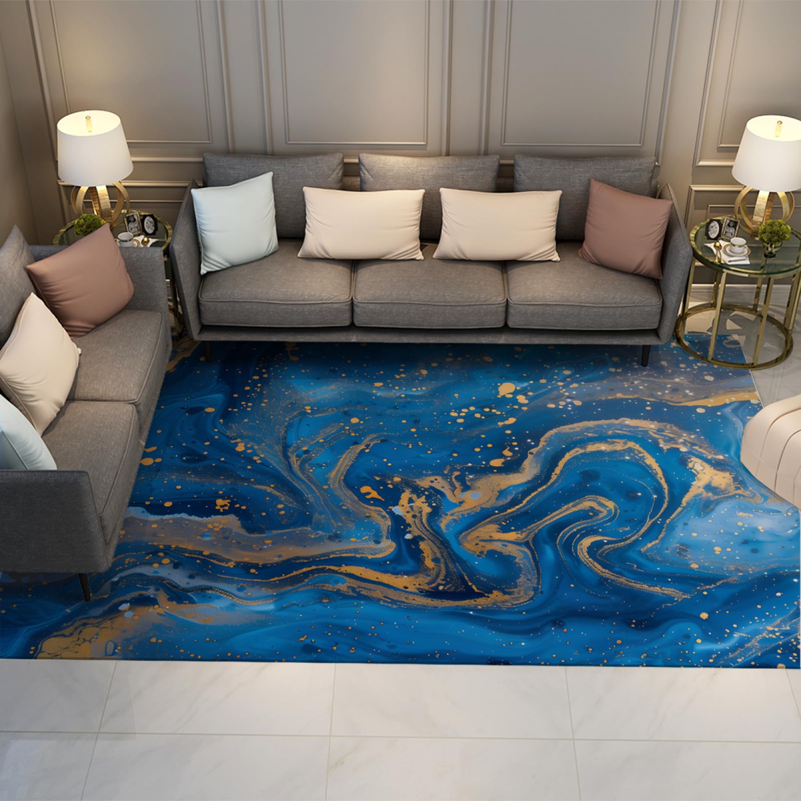 Tapis marbre bleu abstrait haut de gamme 180x300cm salon design raffiné