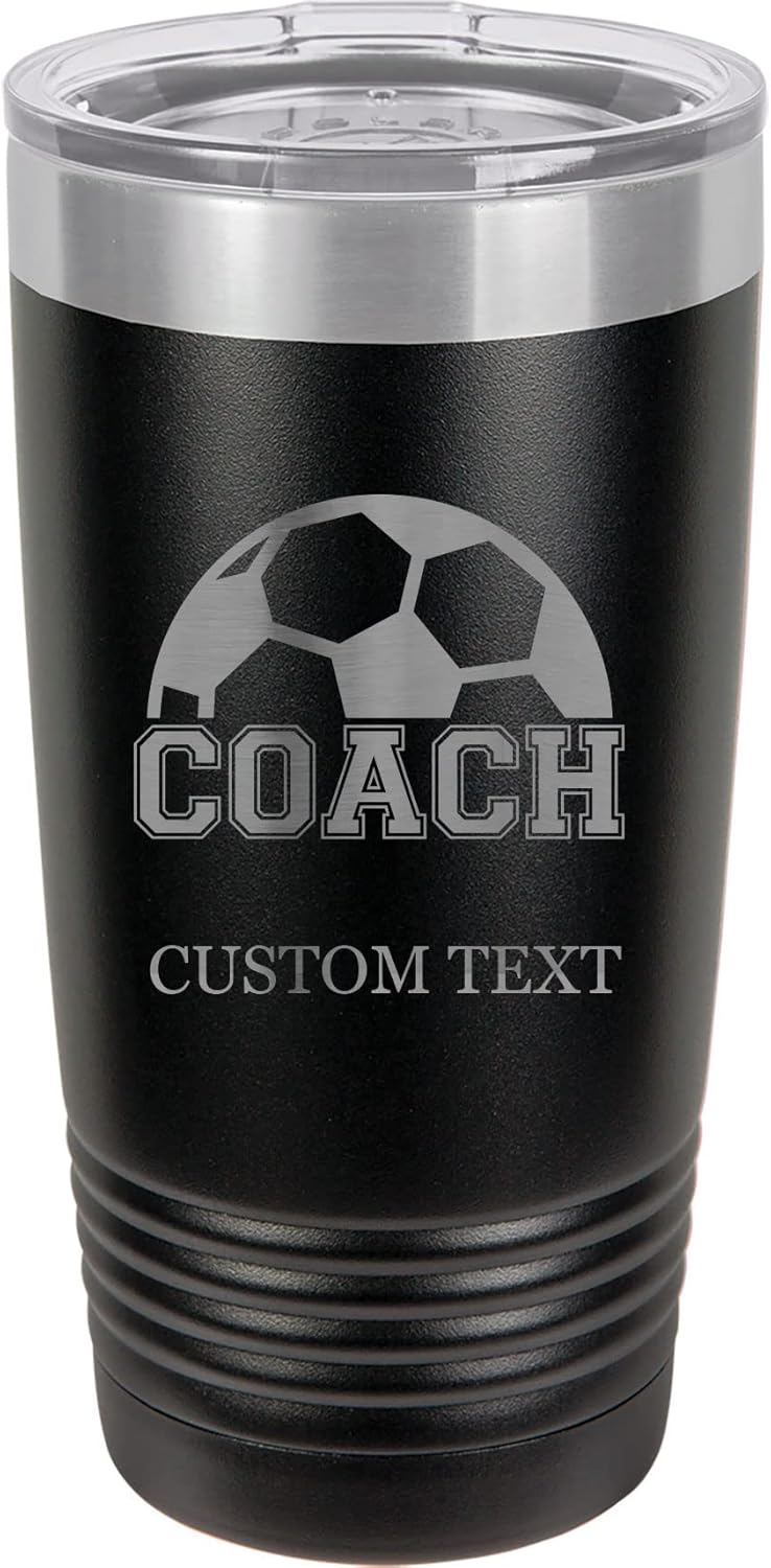 20-Ounce Vacuum Insulated Stainless Steel Tumbler Customized Double-Walled Laser Engraved Coffee Black Mug, Soccer Coach, Personalized