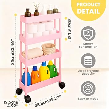 ShellKingdom 4 Tier Bathroom Storage Organizer, Slim Rolling Storage Cart for Narrow Space, Mobile Shelving Unit with Lockable Wheels and Hooks for Bathroom, Kitchen, Laundry Movable Shelf (Pink)