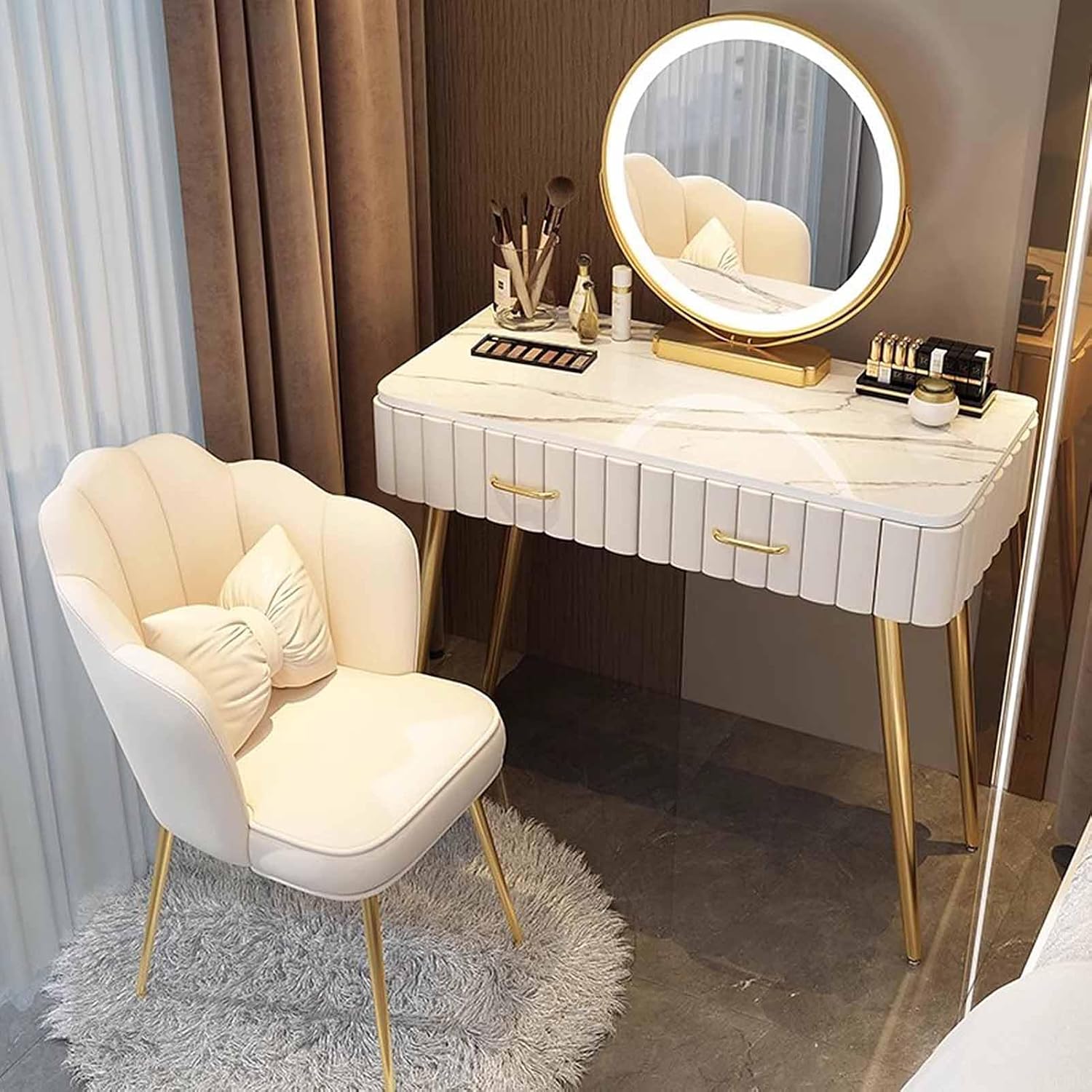 化粧台 木製引き出し付き LED ライト付きミラー メイクアップデスク