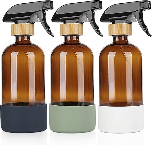 HOMBYS Botellas vacías de vidrio de bambú con protección de funda de silicona, recipientes de vidrio ámbar recargables de 17 onzas para soluciones
