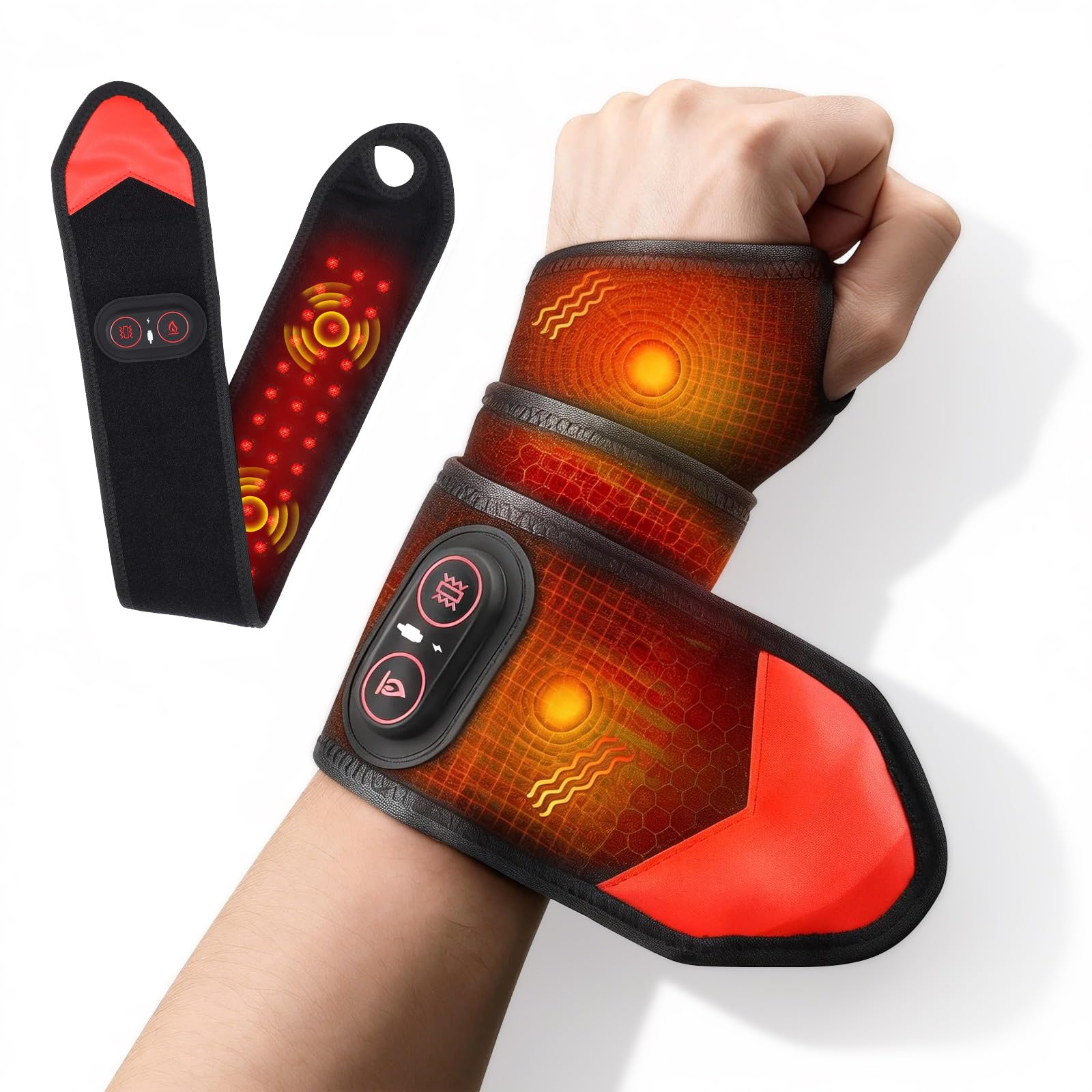 Masajeador de Muñeca Inalámbrica con 3 Niveles de Calor y Vibración, Batería 3000 mAh Recargable para Uso en Hogar, Oficina, Deporte - Confort y Relajación para Muñeca, Mano, Codo