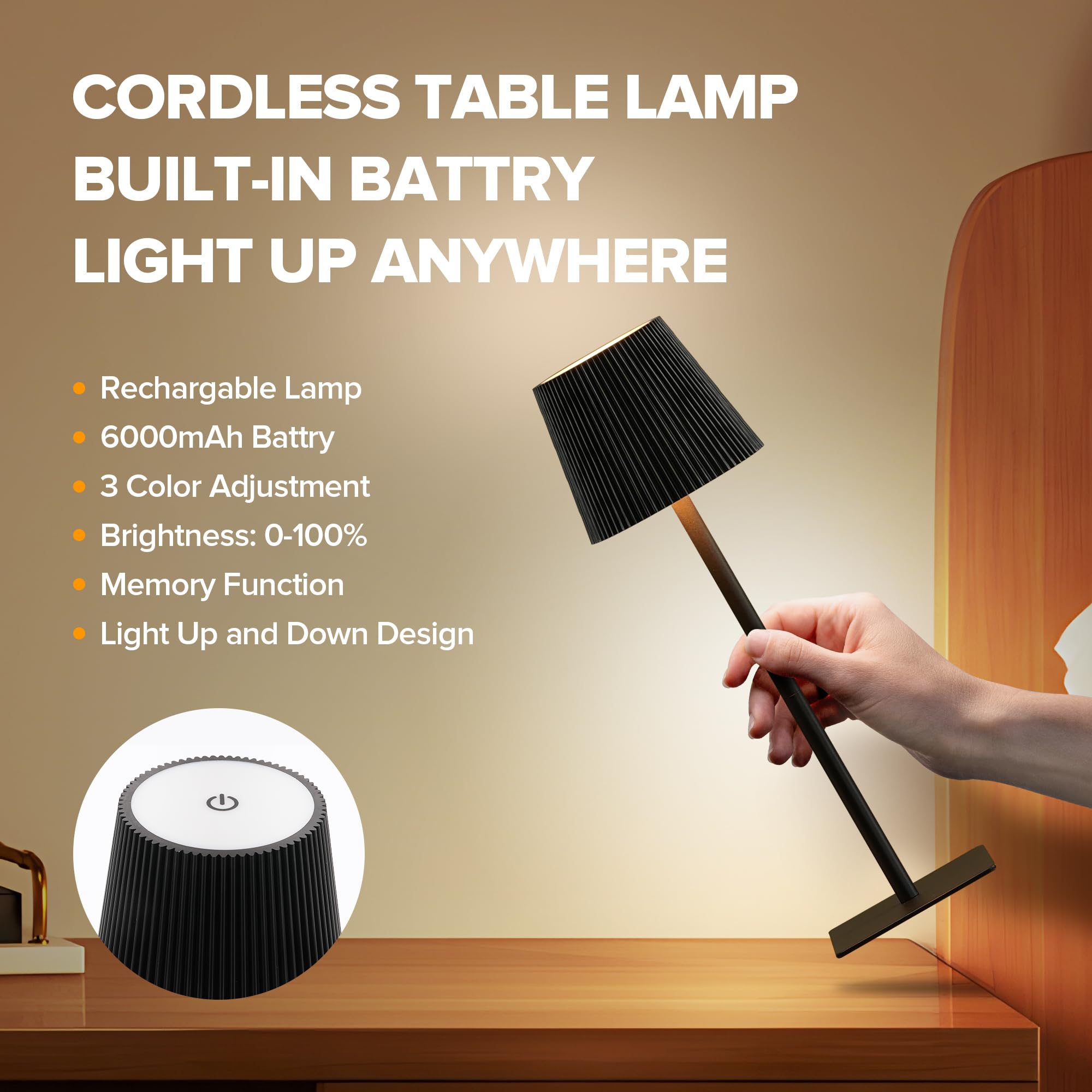 LUTEC Paquete de 4 lámparas de mesa inalámbricas, lámpara de escritorio recargable de 6000 mAh, dos alturas ajustables, impermeable, control táctil y atenuación continua de 3 colores para restaurante