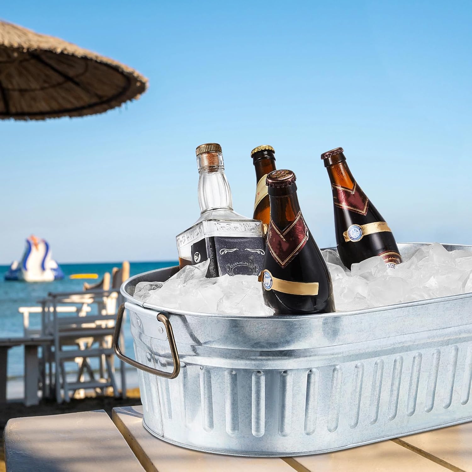 Lallisa 2 Pcs 5.3 gallons Galvanized Beverage Tub Galvanized Bucket Metal Ice and Drink Bucket with Handles Tub for Parties Farmhouse Home Pool Bar (Silver)