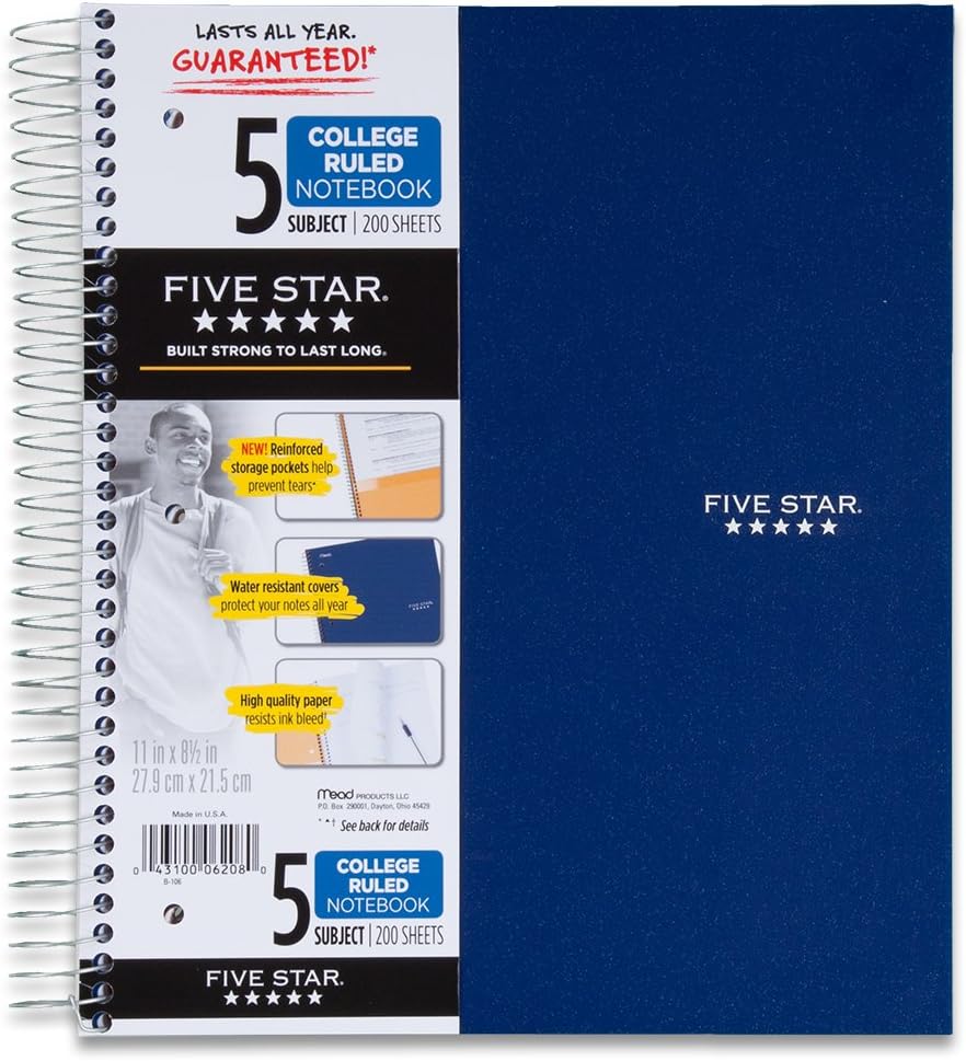 Five Star Spiral Notebook, 5 Subject, College Ruled, 11 x 8.5 Inch, Purple