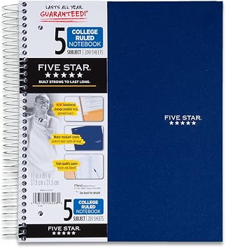 Five Star Wirebound Notebook, 5-Subject, 200-Count, College Rule, NavyBlue 72083