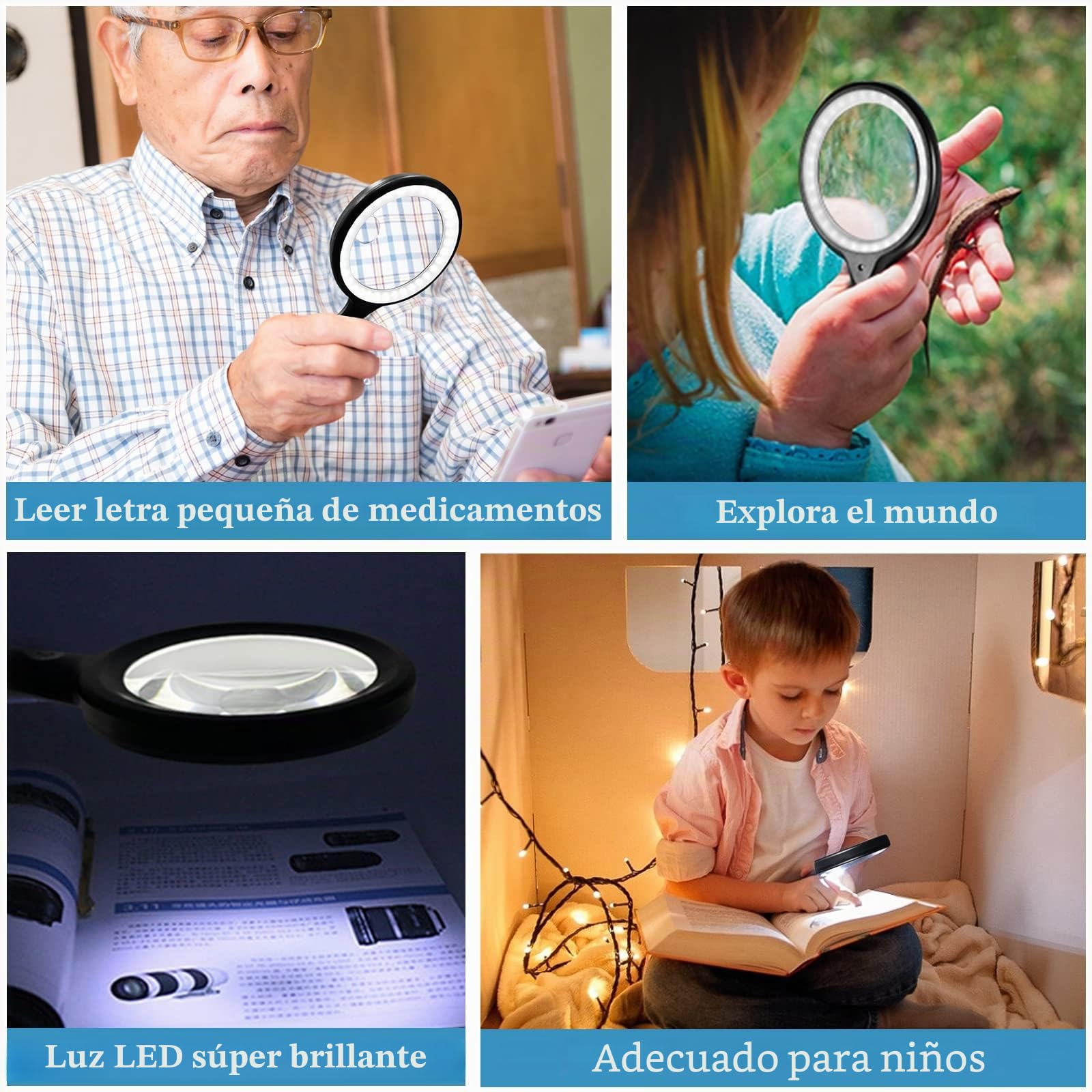 Lupa con Luz, 60X 30X 33 LEDLupas de Mano de Gran Aumento, Lupa de Vidrio con 3 Modos, Lupa Iluminada de Lectura Gigante para Joyería, Leer Libros, Exploración, Periódico y Mapas