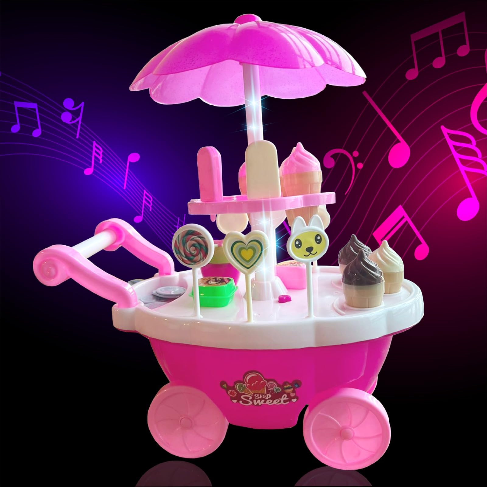 ToyMagic Battery Operated Ice Cream Trolley Pretend Play Toy Set LED, Music, Educational Role Play for Kids Ice Cream Toys Candy Cart Kitchen Playset Musical & Light Kitchen Toy Set for 3 Year Old