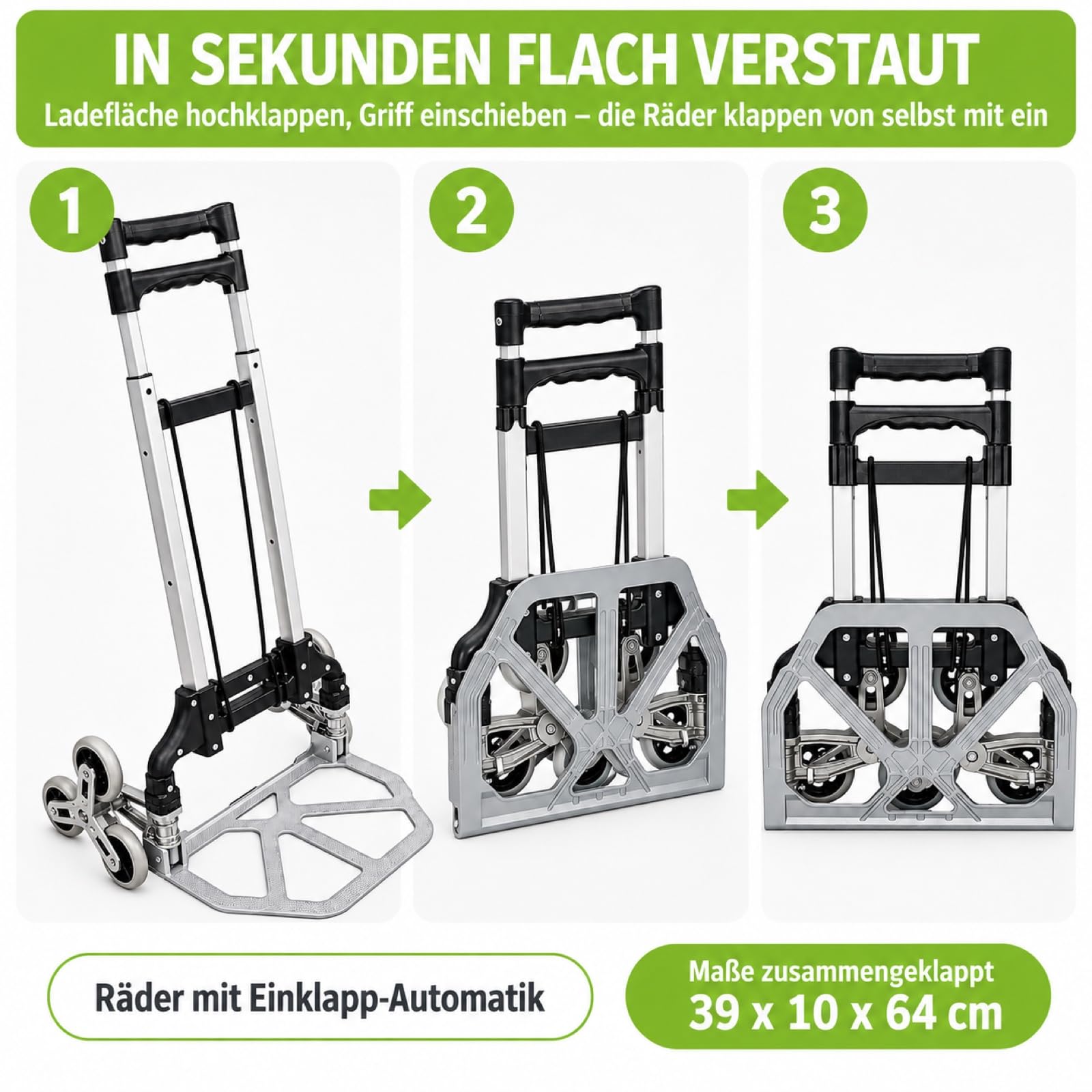 LoadIt Treppensackkarre klappbar 70 kg – Treppensteiger, 6 Räder, Alu