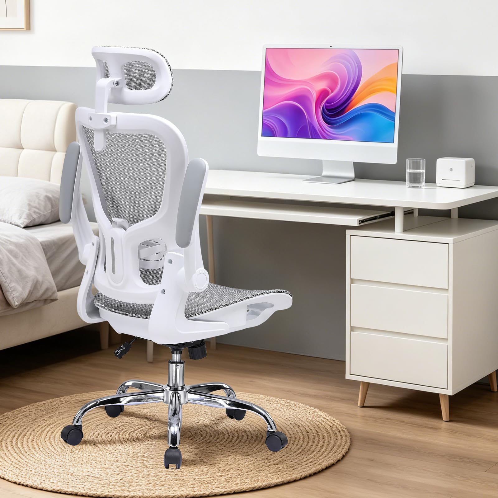 COMHOMA Bürostuhl, Schreibtischstuhl, ergonomischer Netzstuhl, mit doppellagigem Netzgewebe, atmungsaktiv, Adaptive Lendenstütze, verstellbare Kopfstütze, für Homeoffice, Drehstuhl 150 kg, Weiß