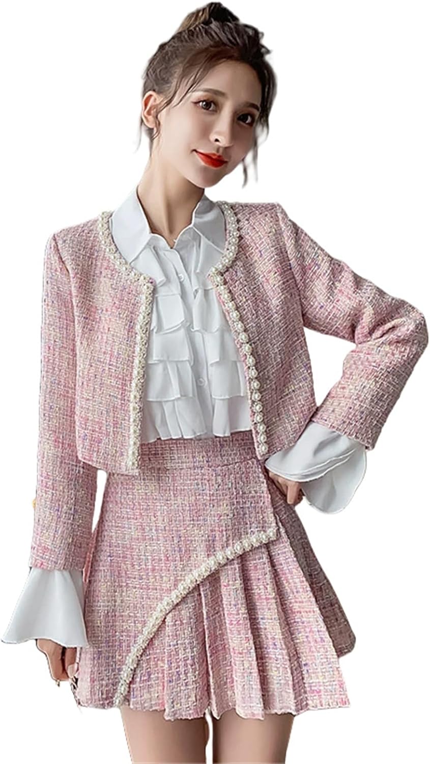 JYHBHMZG Women's Spring Elegant Tweed Style Jacket Shirt Skirt Set Two Piece