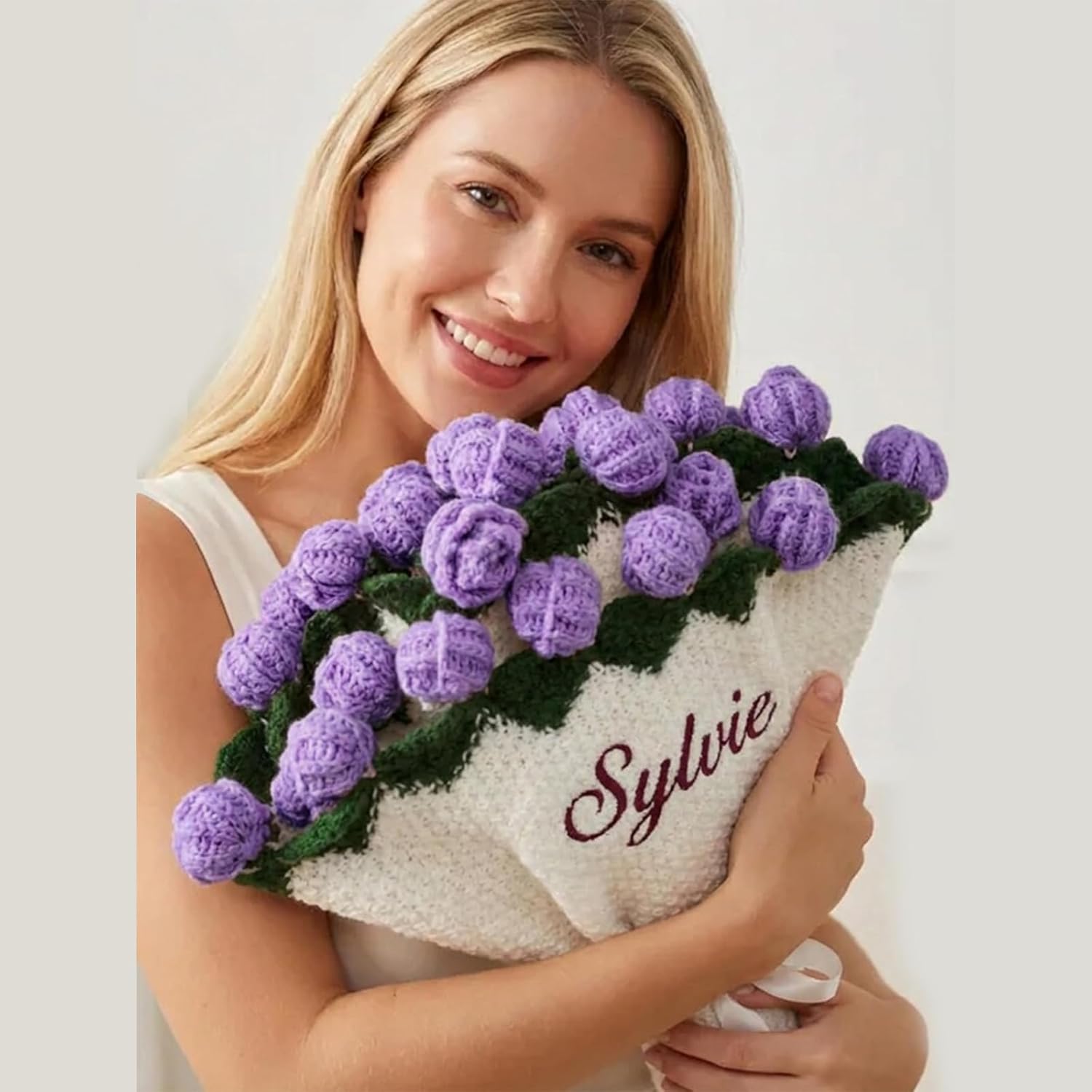 Custom Rose Flower Blanket with Embroidered Name - Personalized Pink Crochet Bouquet Throw Blanket, Gift for Birthday Wedding Valentine’s Day Mother's Day Christmas