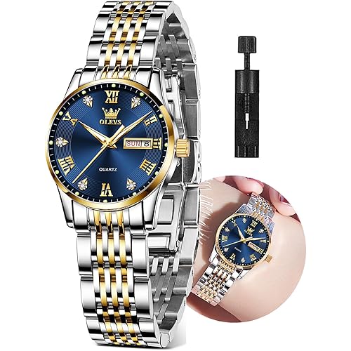 OLEVS Women Watches Date and Day,Ladies Watches with Silver Gold Stainless Steel,Elegent Female for Small Wrist Watch(White/Black/Blue/Gold Face)